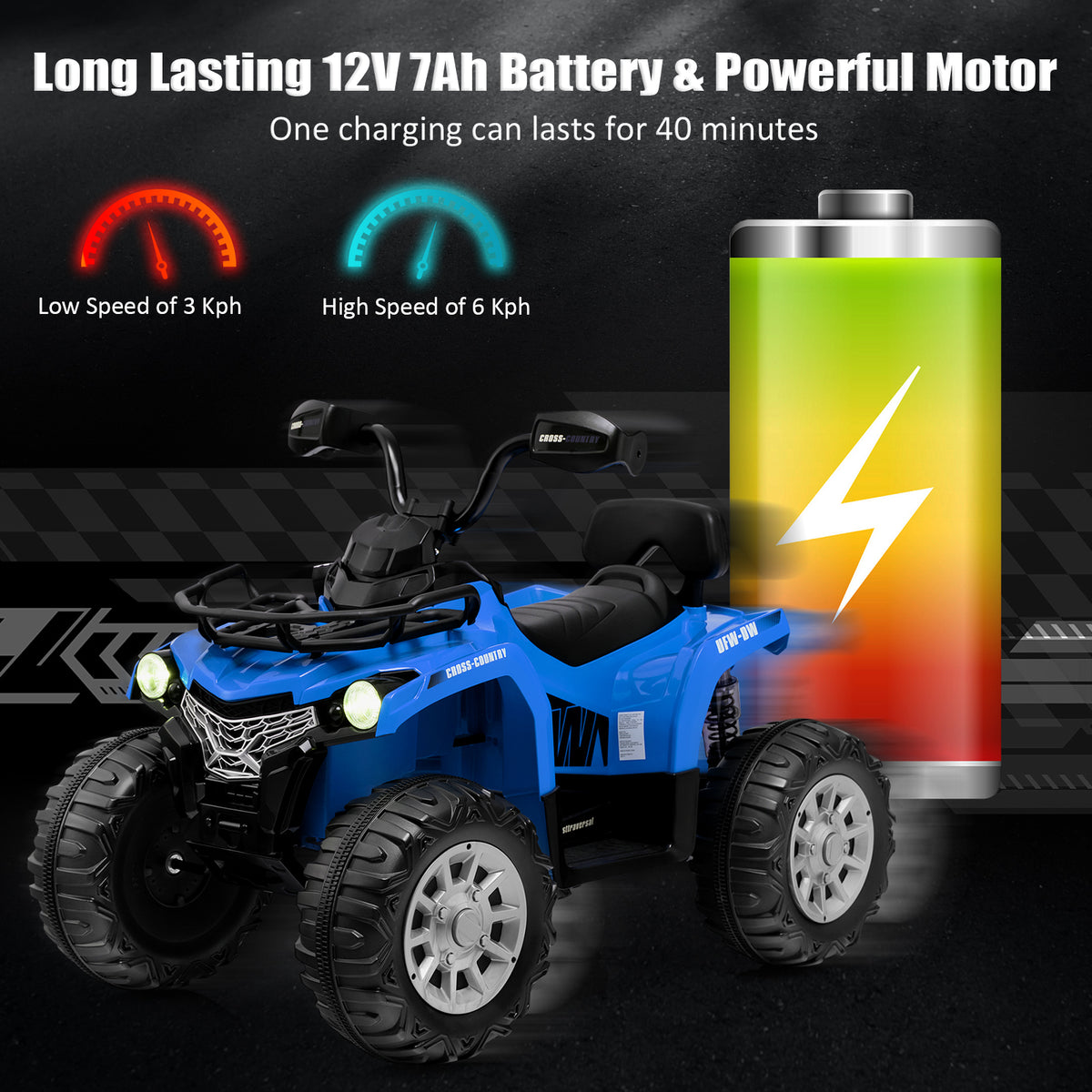 Blue kids electric quad vehicle with battery charge indicator and speed information