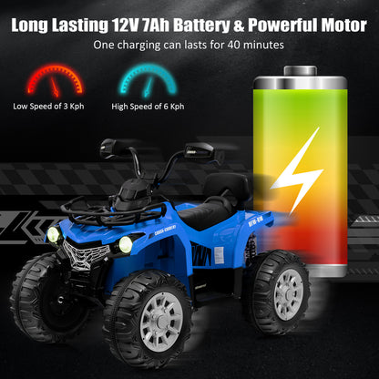 Blue kids electric quad vehicle with battery charge indicator and speed information