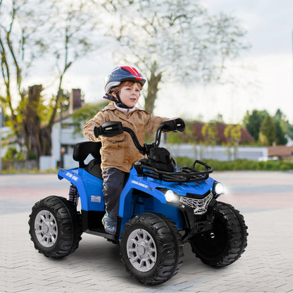 Young boy wearing a helmet riding the blue kids electric quad bike on a paved surface
