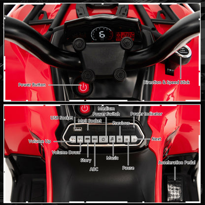 Close-up of the kids electric car dashboard showing the power button and media control panel