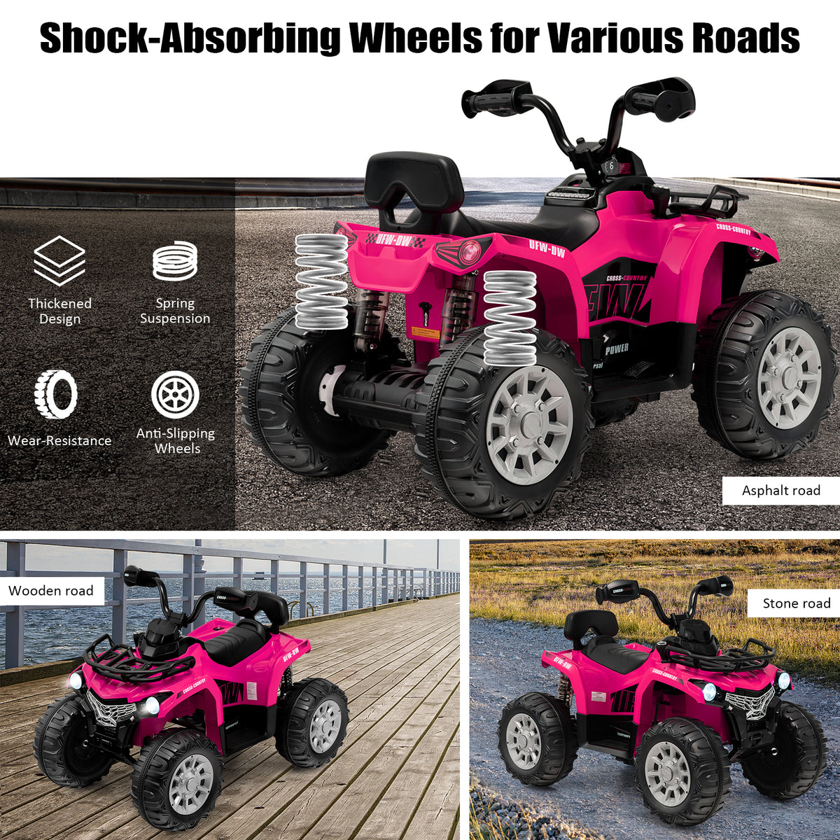 The kids electric car demonstrating shock absorbing wheels on different types of road surfaces