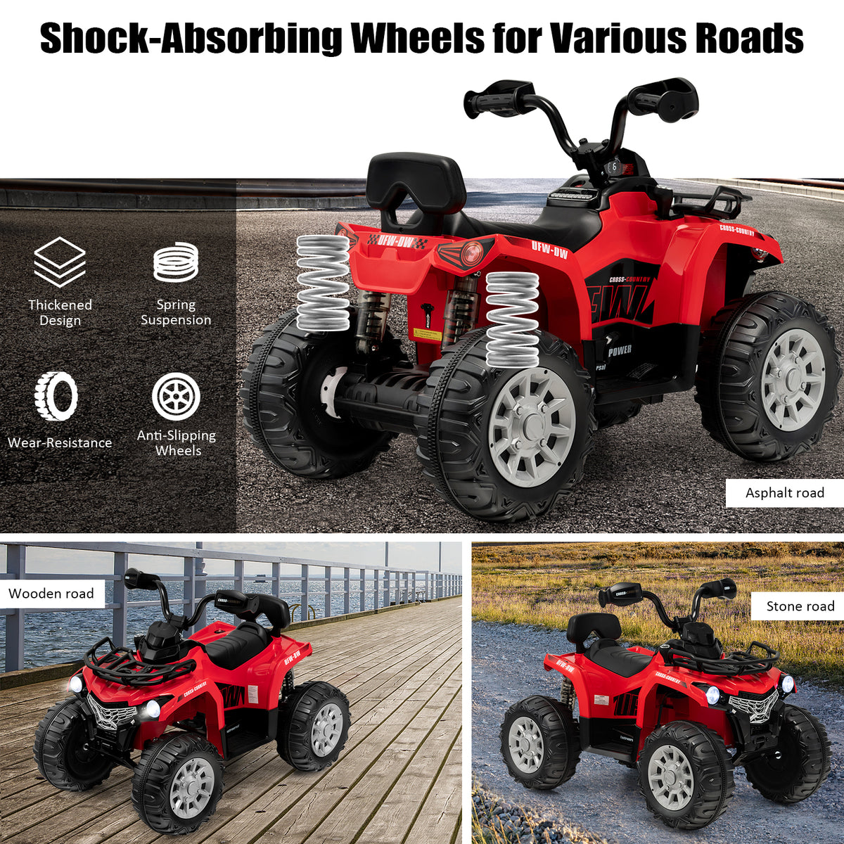 The kids electric car highlighting the spring suspension and durable wheels for different surfaces