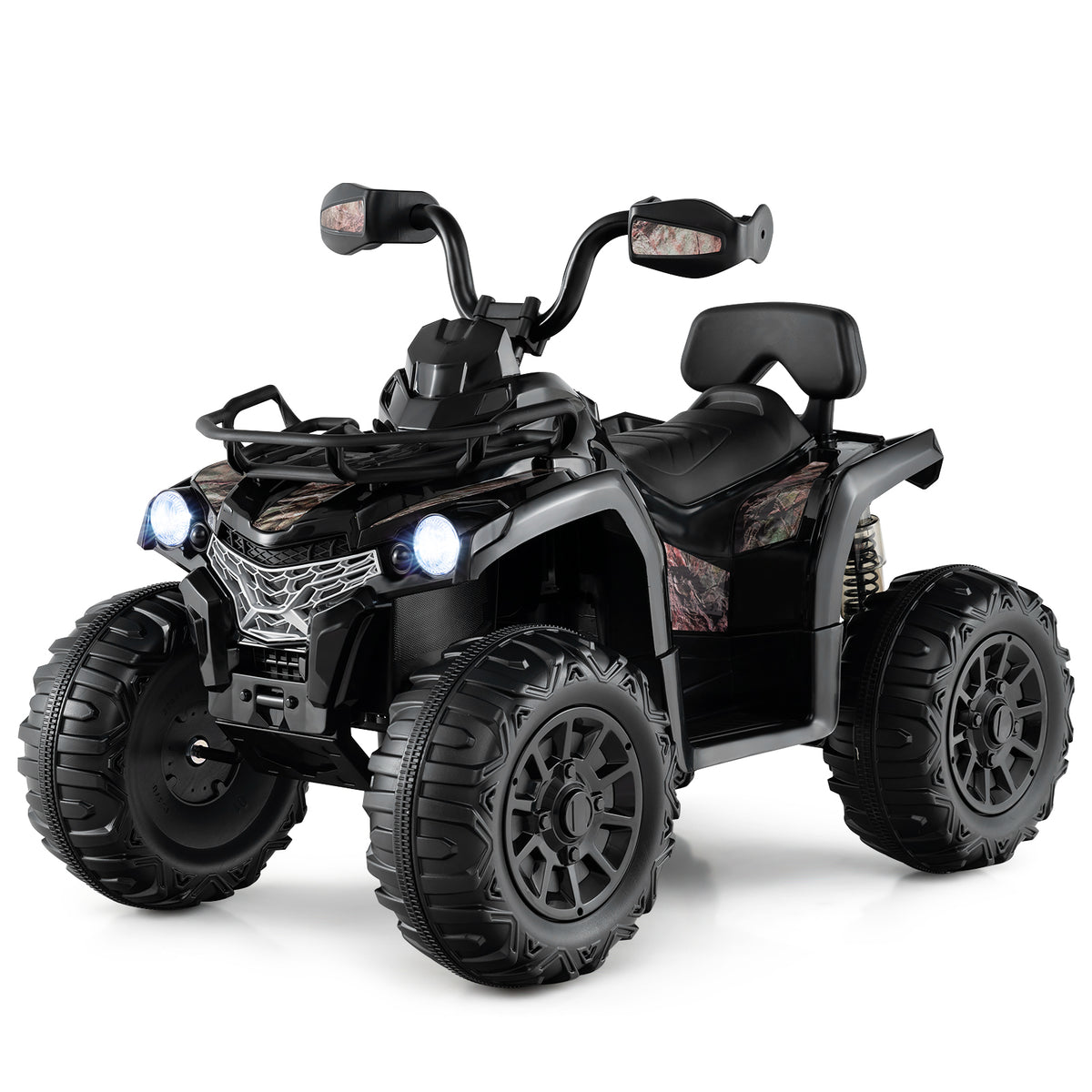 12V Electric Powered Quad Vehicle in black with oversized wheels and a storage basket