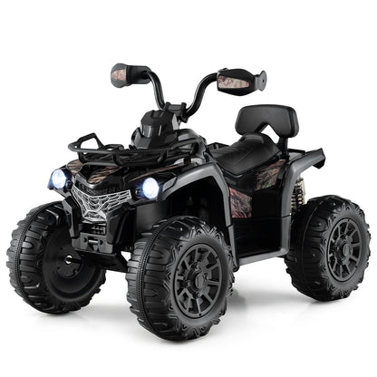 12V Electric Powered Quad Vehicle in black with oversized wheels and a storage basket