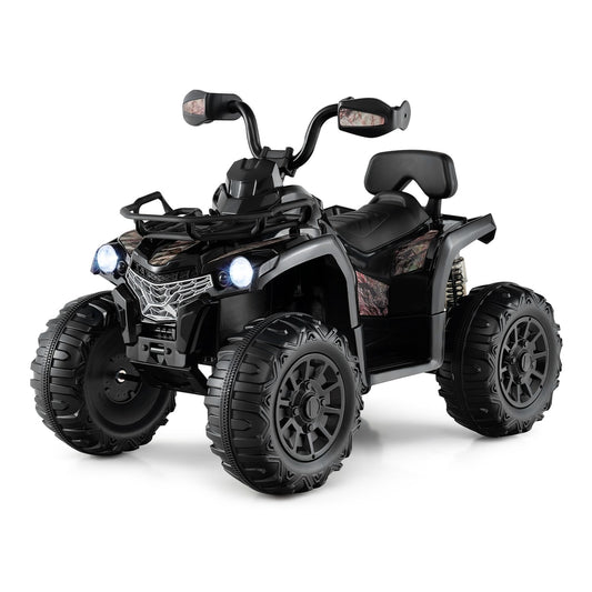 12V Electric Powered Quad Vehicle in black with oversized wheels and a storage basket