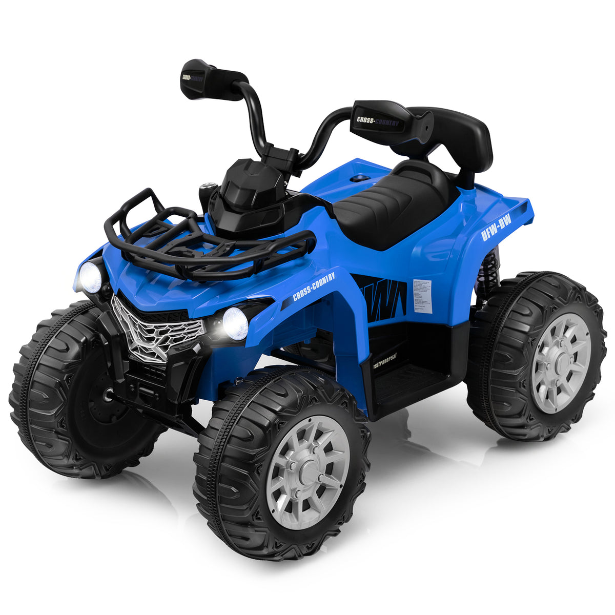 12V Electric Powered Quad Vehicle in blue, a ride-on toy with large wheels and a storage basket