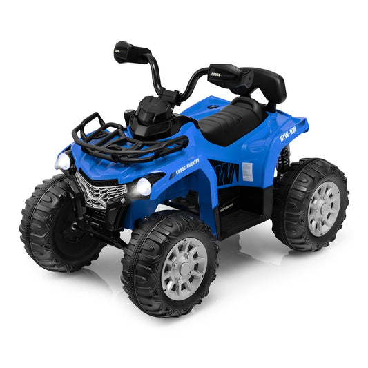 12V Electric Powered Quad Vehicle in blue, a ride-on toy with large wheels and a storage basket