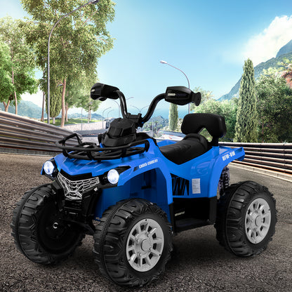 Blue kids electric quad bike parked on a race track with trees and mountains in the background