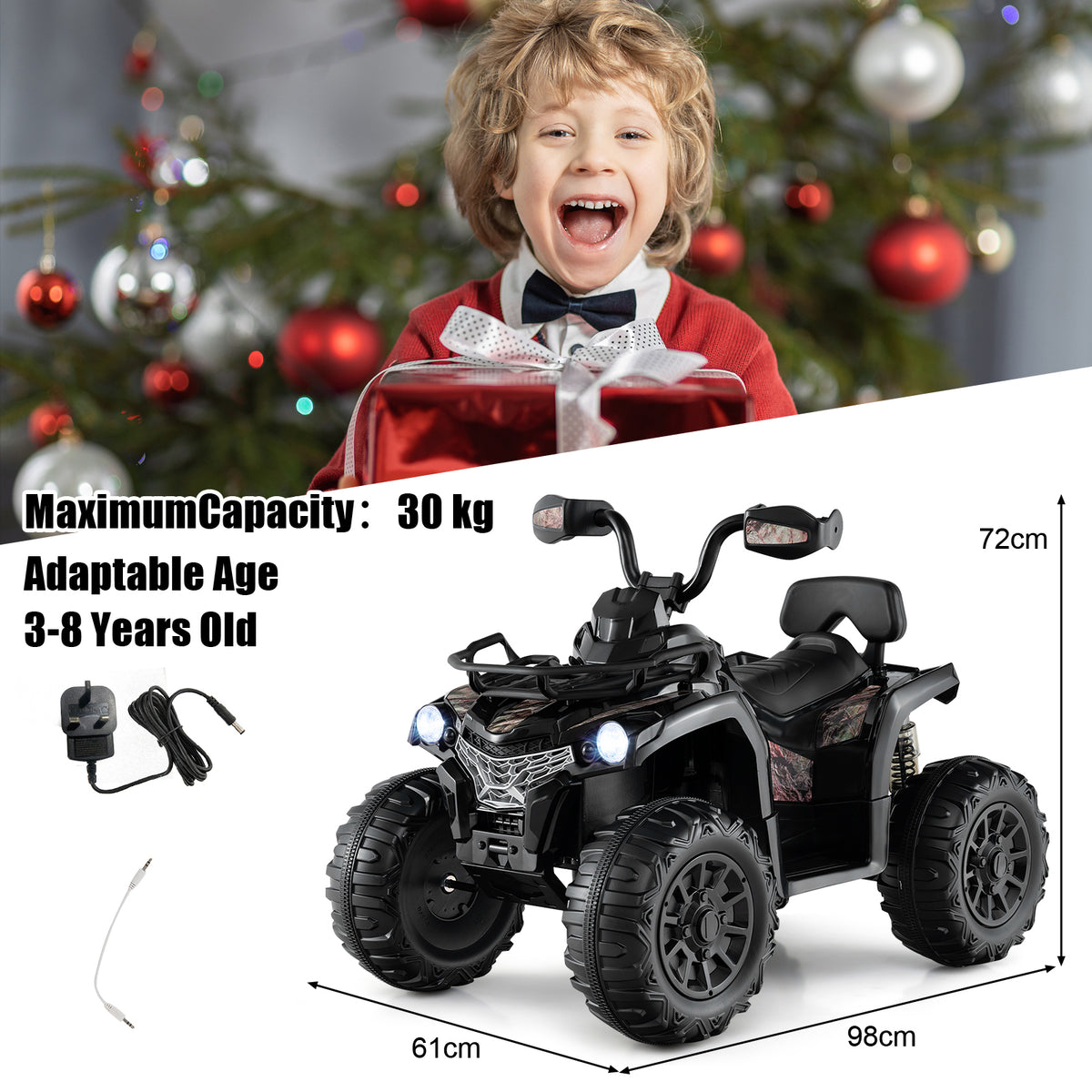 Black kids electric quad bike with dimensions and charging plug shown