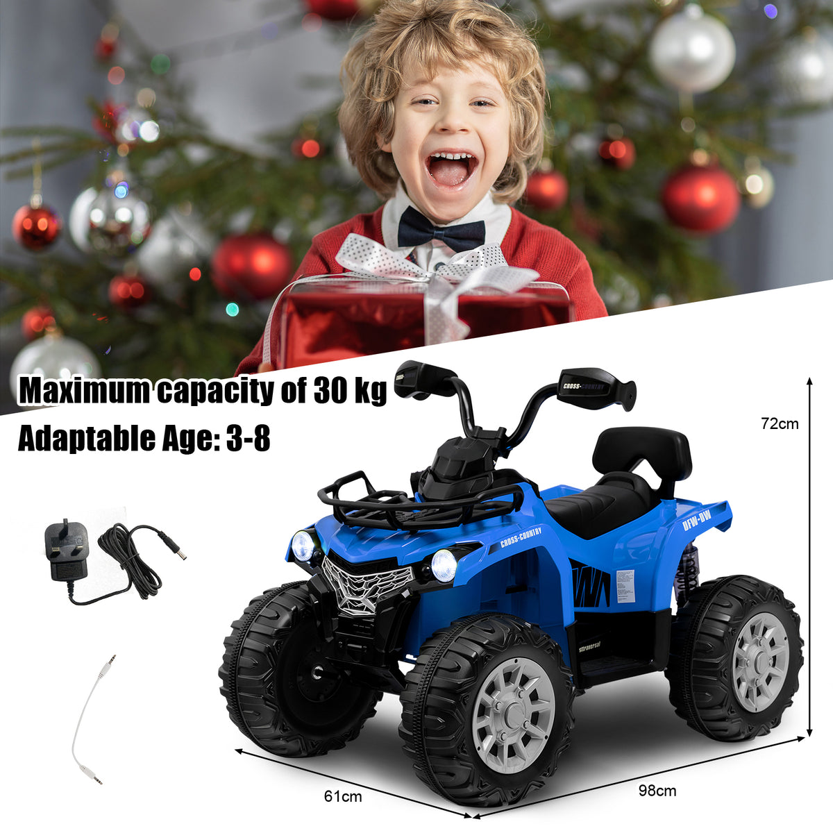 Blue kids electric quad vehicle with dimensions and charger, with a child holding a gift in the background