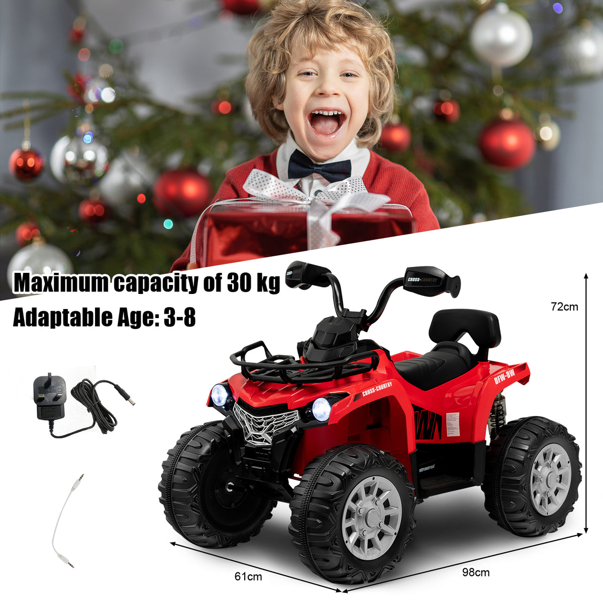 The kids electric car shown with dimension lines and a charging cable against a festive backdrop