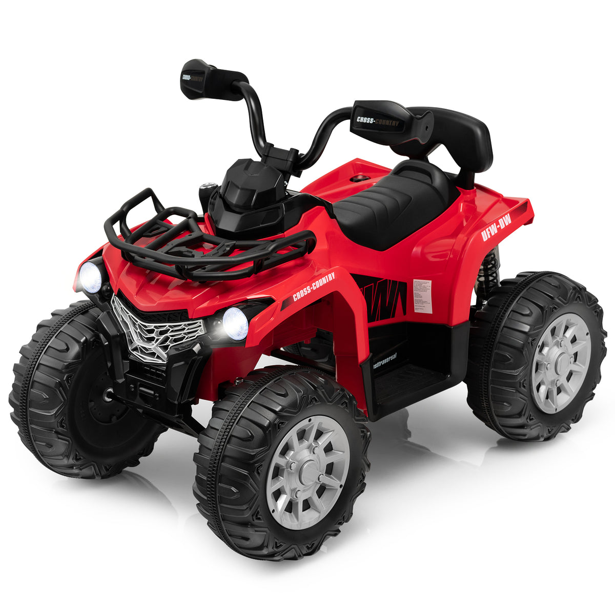 12V Electric Powered Quad Vehicle in bright red with black handlebars and chunky treaded tyres