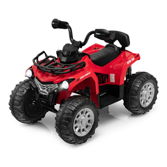 12V Electric Powered Quad Vehicle in bright red with black handlebars and chunky treaded tyres