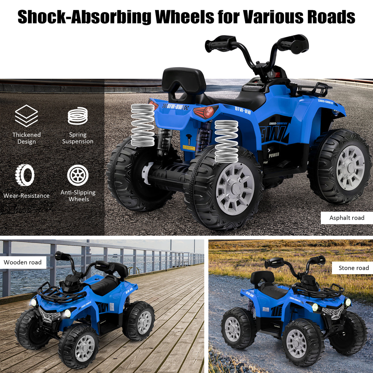 Close up of the blue kids electric quad vehicle showing its shock-absorbing wheels and suspension