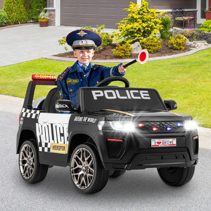 The kids electric car parked on a driveway with a child in a police uniform sitting inside