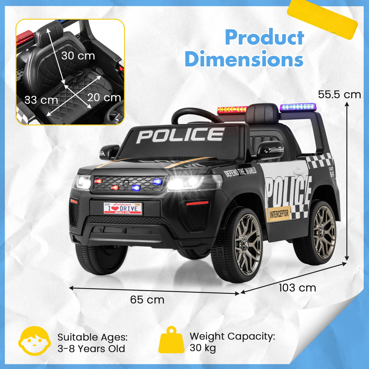 12V Kid Ride on Police Car, the kids electric car shown with dimension lines and labels for height and width
