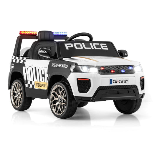 12V Kid Ride on Police Car, a white electric police car with POLICE text and flashing lights