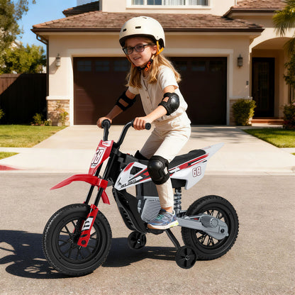 Child on the red and white kids electric motorbike with training wheels in a suburban setting