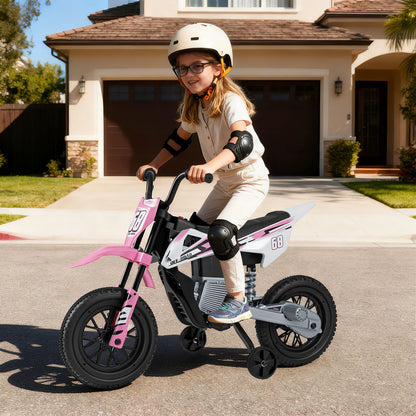 A young girl wearing a helmet and pads riding the pink electric motorbike on a driveway