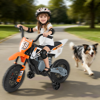 The kids electric motorbike with a child riding it and a dog running alongside on a path