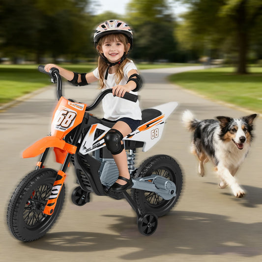 The kids electric motorbike with a child riding it and a dog running alongside on a path