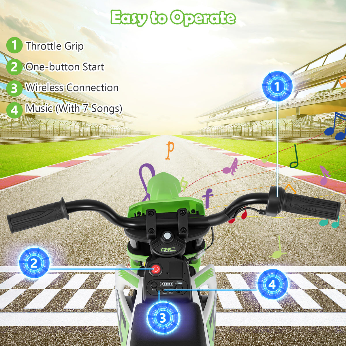 The kids electric motorbike handlebars and control panel with labels for music and throttle
