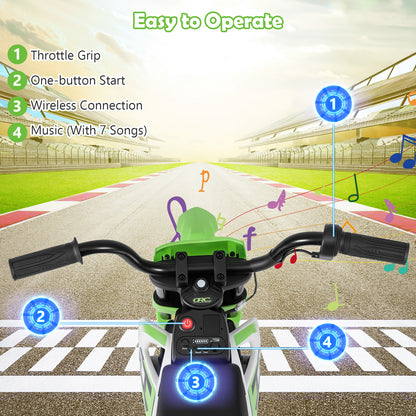 The kids electric motorbike handlebars and control panel with labels for music and throttle