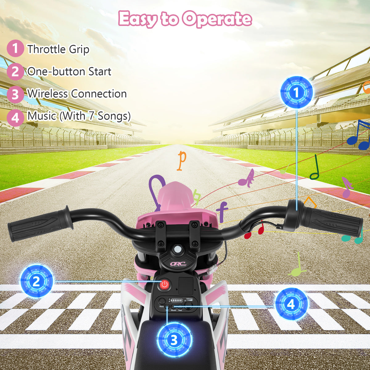 The electric motorbike handlebars and control panel with labels for music and throttle