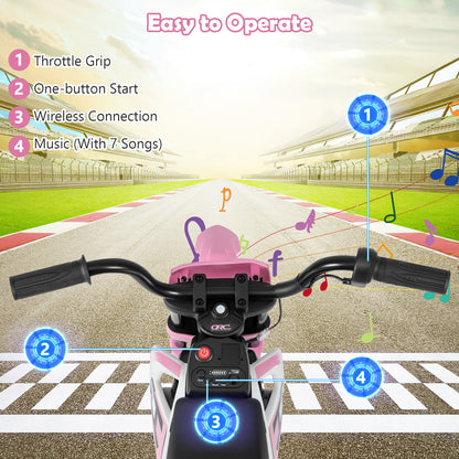 The electric motorbike handlebars and control panel with labels for music and throttle