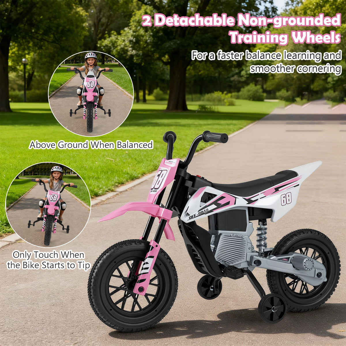 The electric motorbike highlighting the detachable training wheels with small inset photos