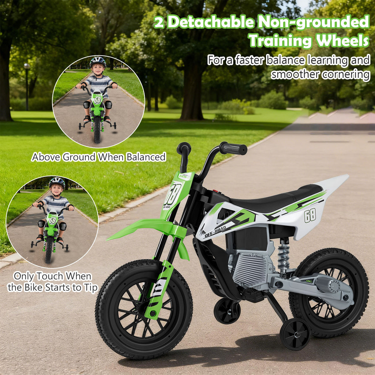 The kids electric motorbike highlighting the detachable training wheels with small inset photos