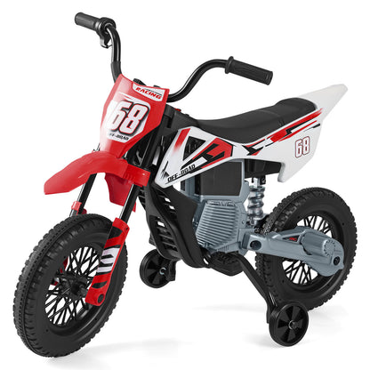 12V Kids Dirt Bike in red and white with racing graphics and training wheels