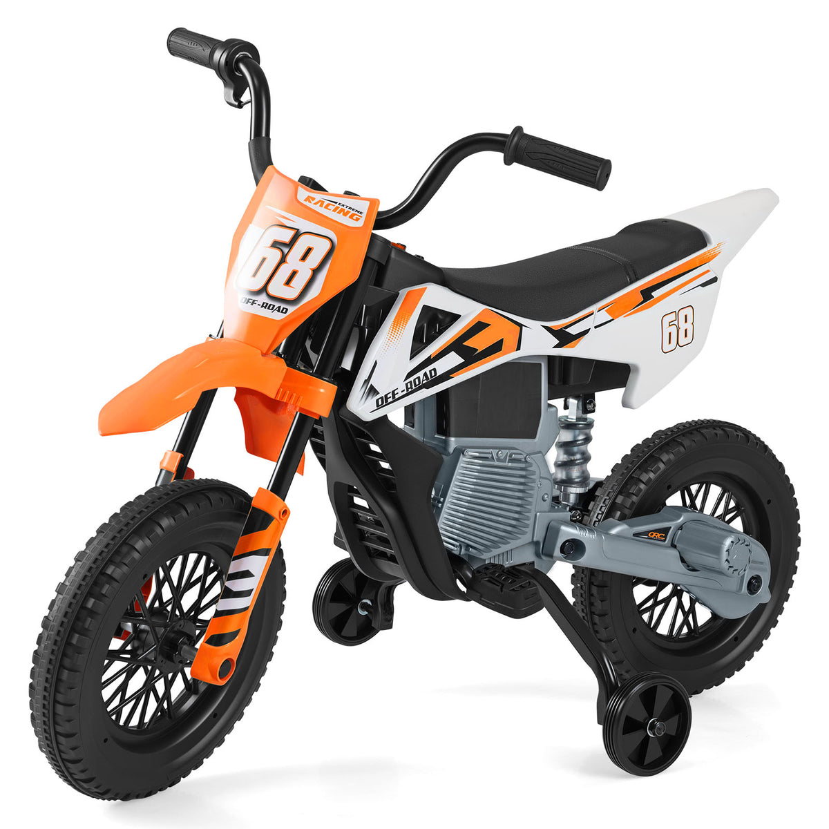 The orange and white kids electric motorbike with training wheels, front view