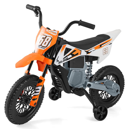 The orange and white kids electric motorbike with training wheels, front view