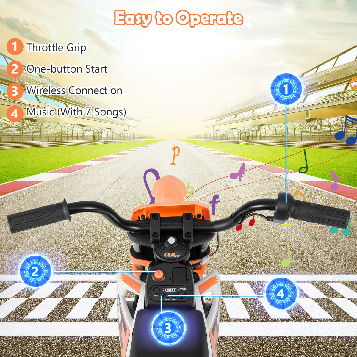 Close up of the handlebars and controls of the kids electric motorbike