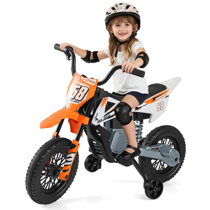 12V Kids Dirt Bike with twist throttle grip electric motorcycle in orange and white with a child riding it