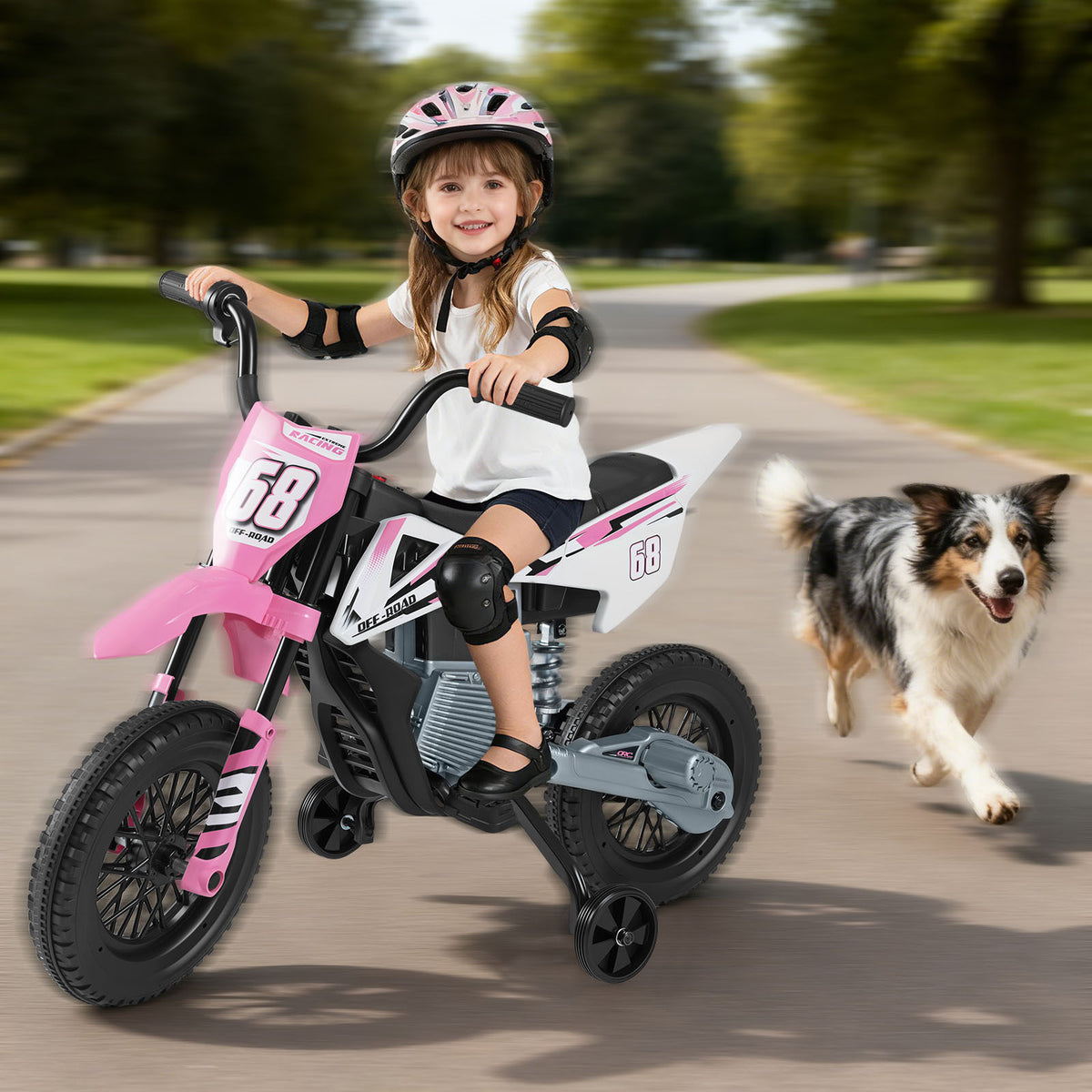 The electric motorbike being ridden by a girl on a path with a dog running alongside