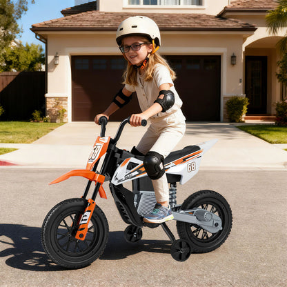 The orange and white kids electric motorbike with a child rider parked outside a house