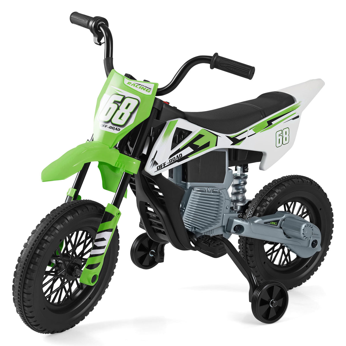 The green and white kids electric motorbike shown from a side angle against a white background