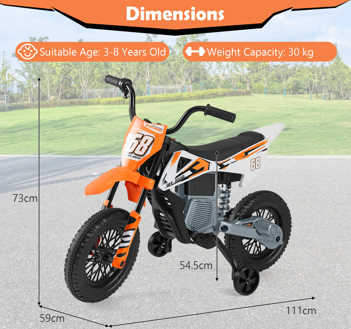 Dimensions diagram for the kids electric motorbike showing height and length