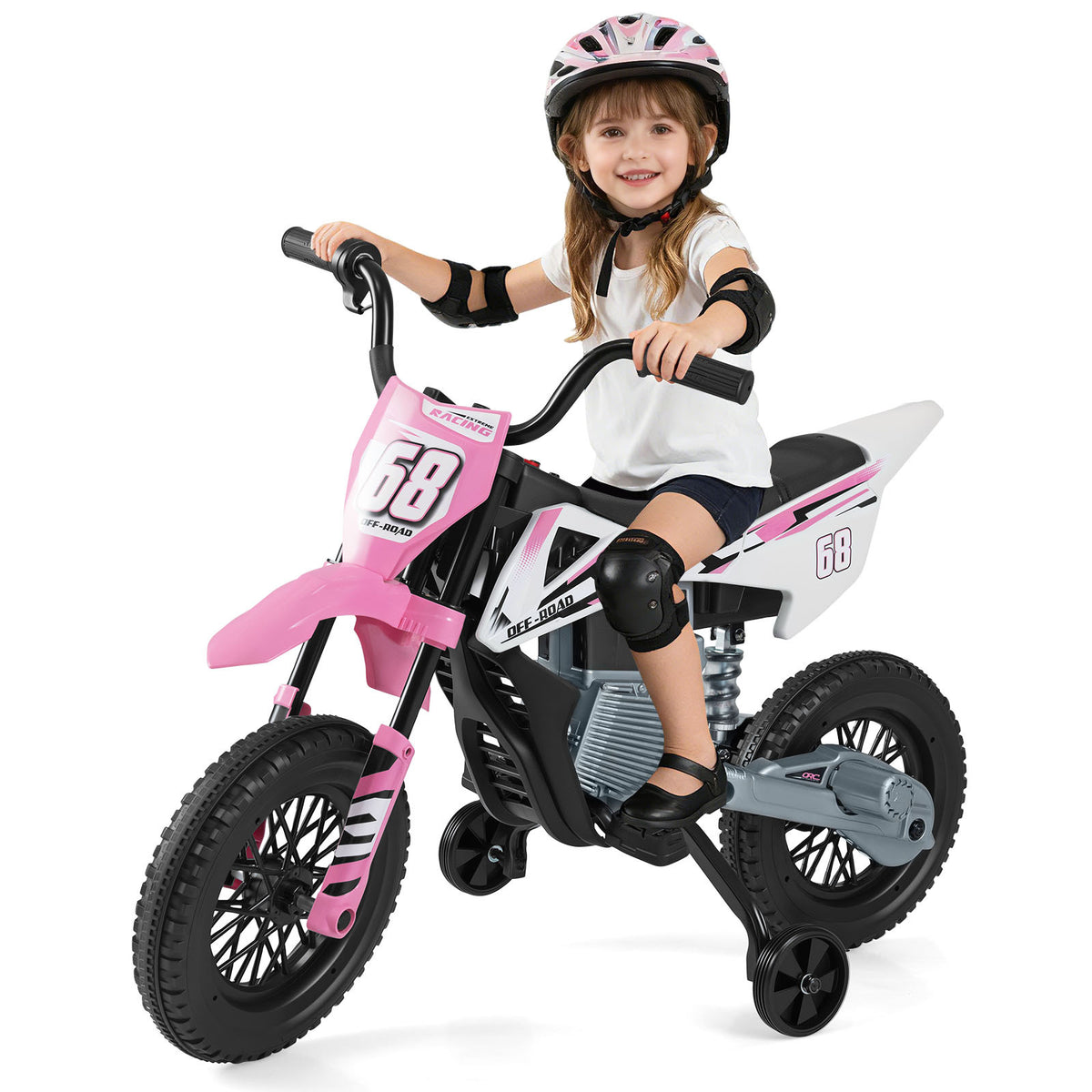 The electric motorbike with a girl sitting on it against a plain white background