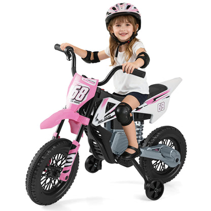 The electric motorbike with a girl sitting on it against a plain white background