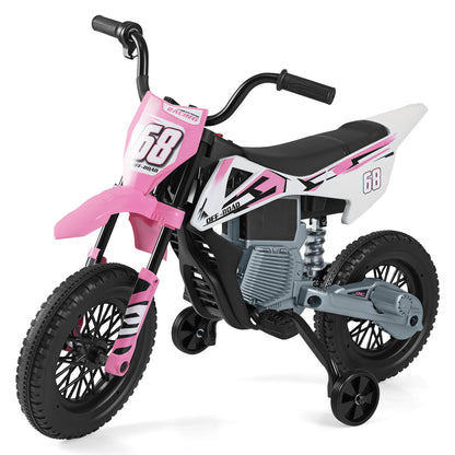 12V Kids Dirt Bike in pink and white with black handlebars and training wheels