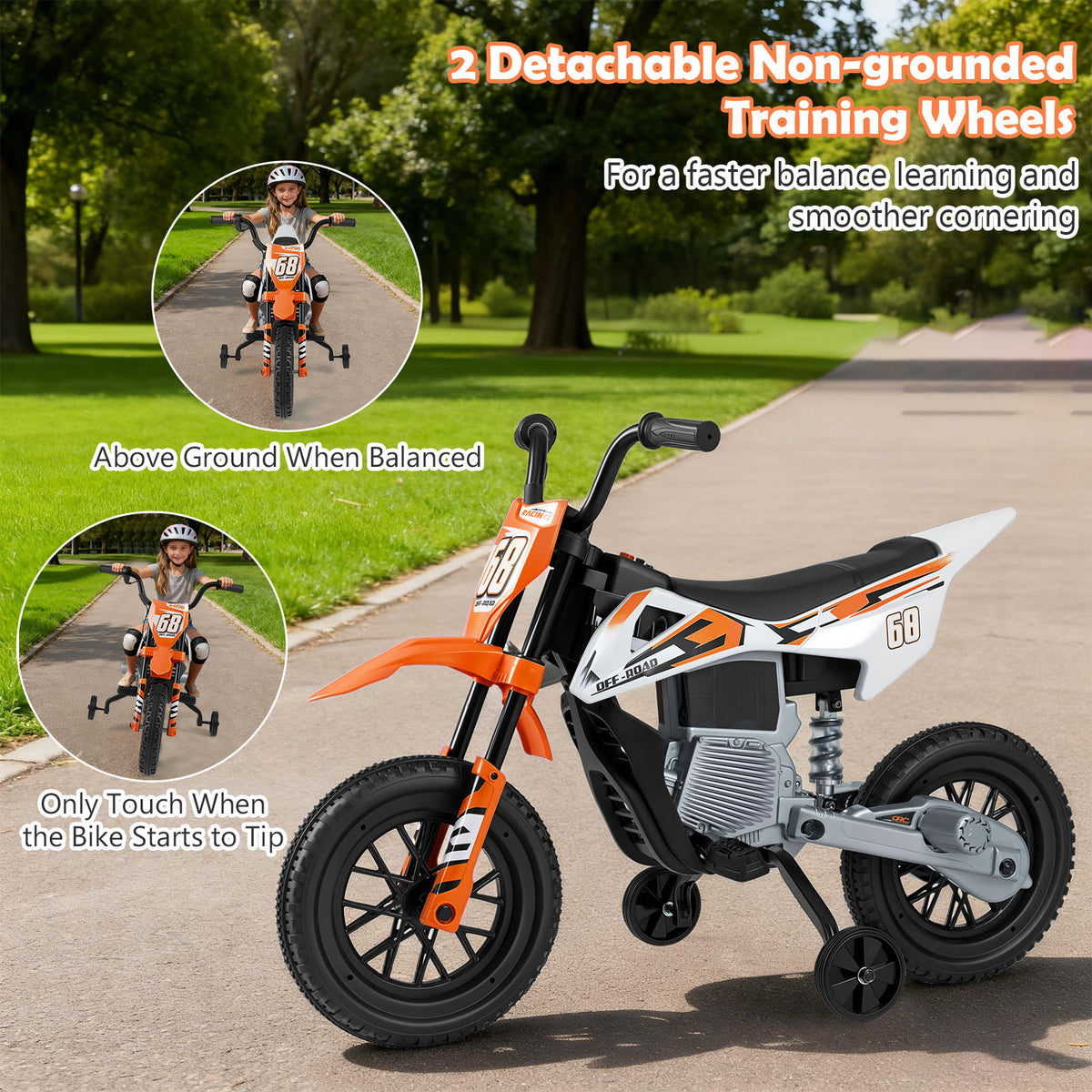 The kids electric motorbike with detachable training wheels and text explaining features