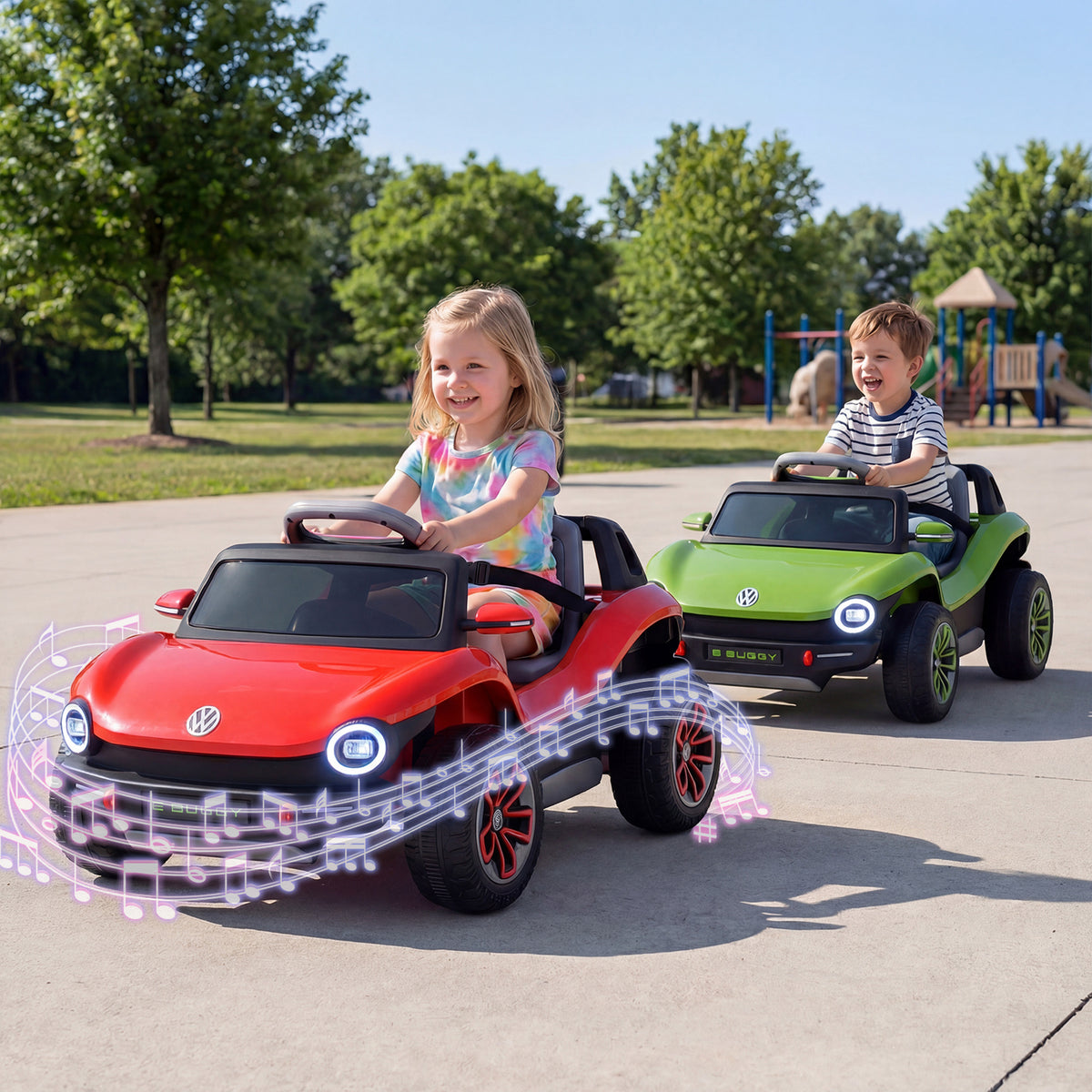 Two children enjoying the red and green electric ride on cars in a park