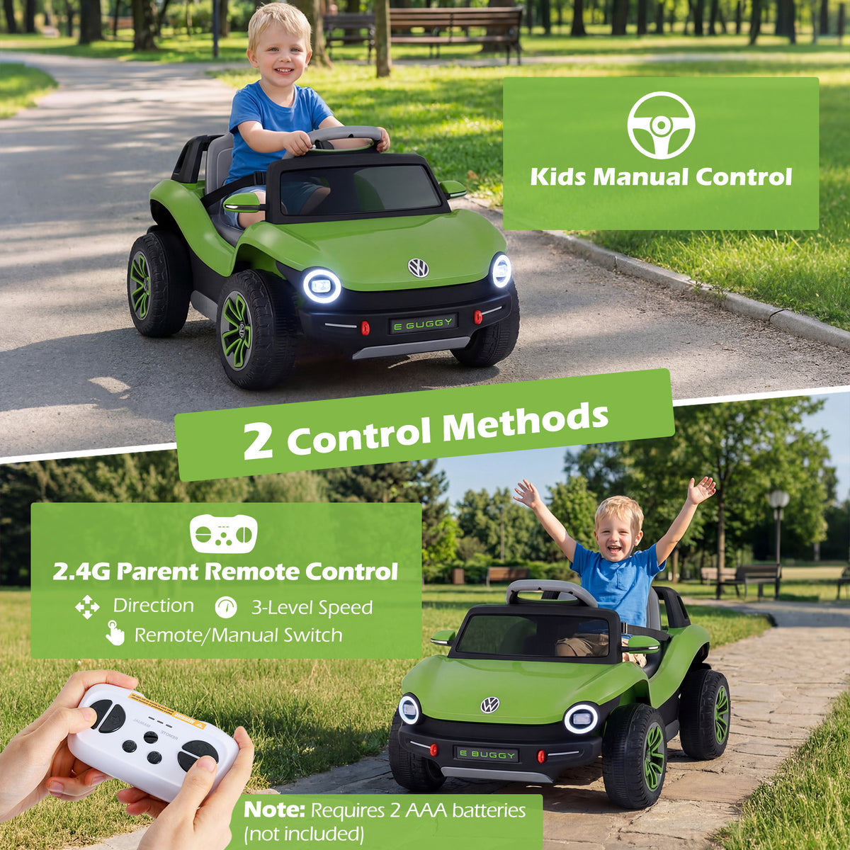 The kids electric car showing manual and remote control operation methods