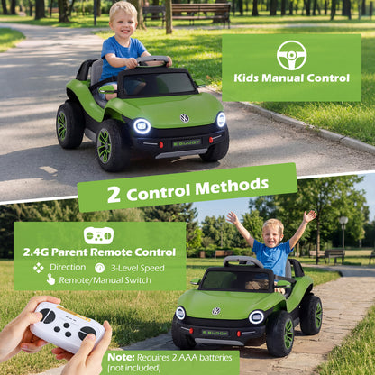 The kids electric car showing manual and remote control operation methods