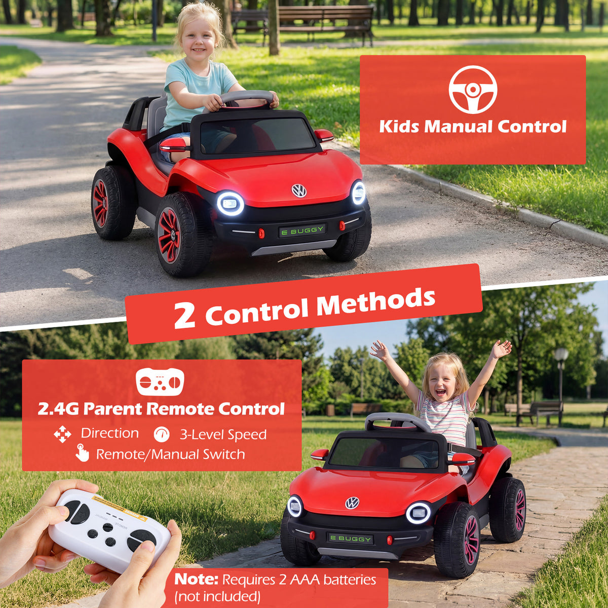 Two control methods for the red electric ride on car shown with children