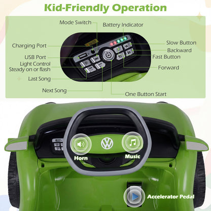 The kids electric car dashboard showing buttons for music and operation