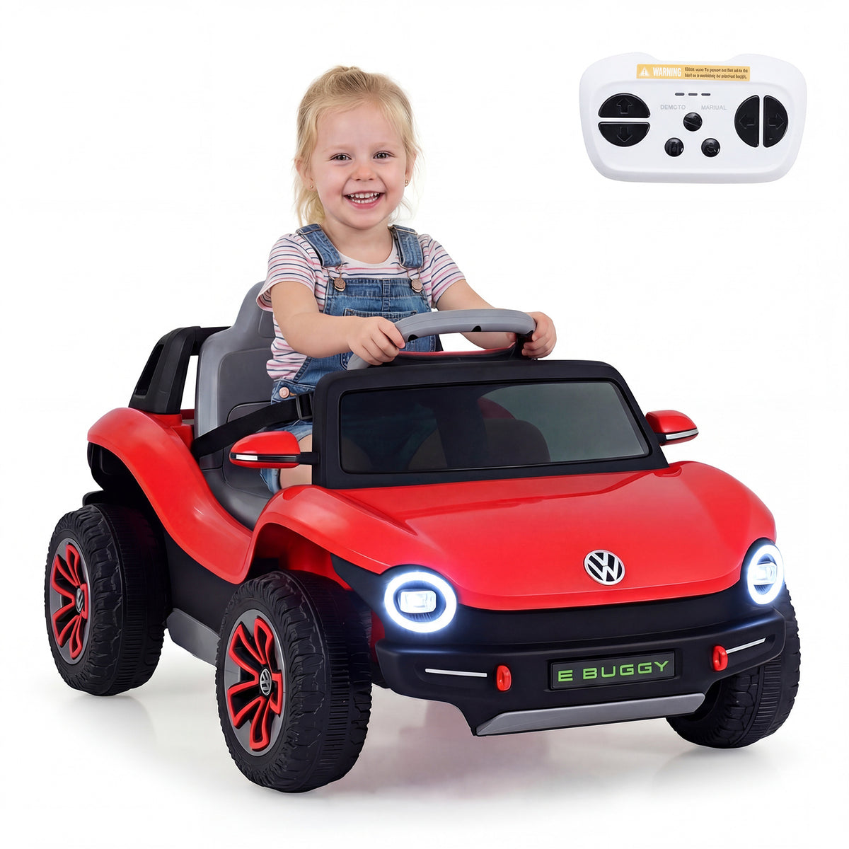 A red licensed Volkswagen electric car with a child driving and remote control